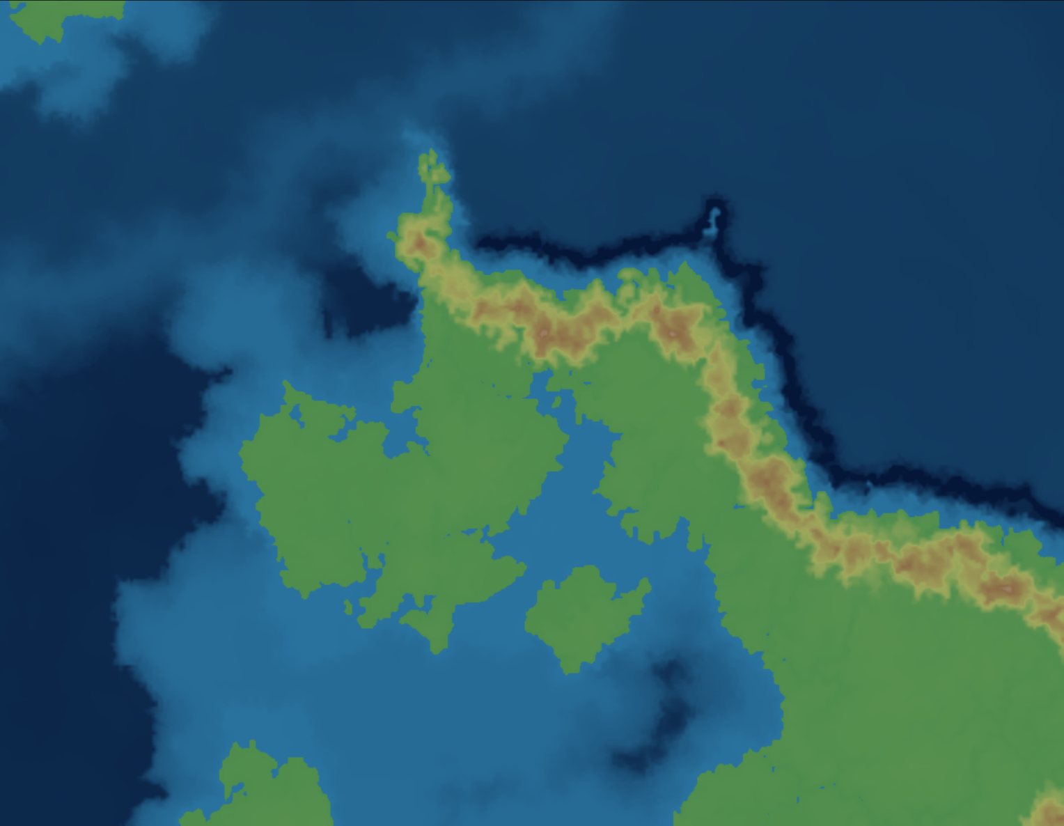 A coastline and mountain ridge blocked in by hand as flat height bands