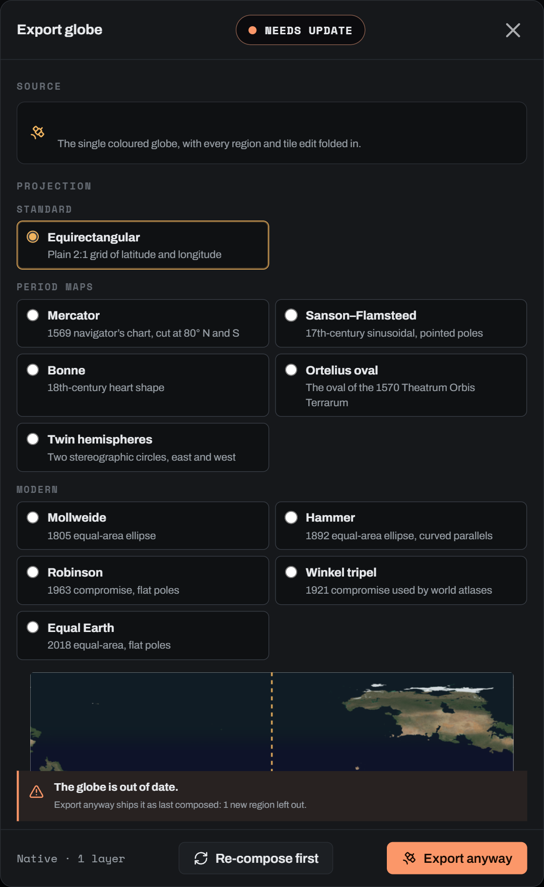 The Export globe dialog with the projection picker