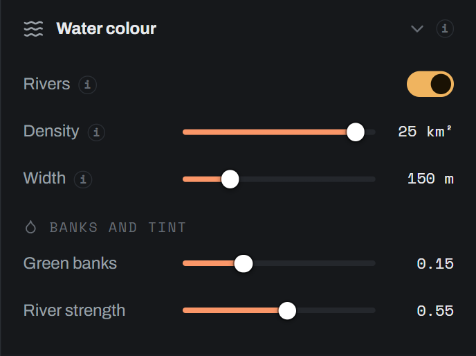 The Water colour group: the Rivers toggle, the detected-river dials, and the bank and tint controls