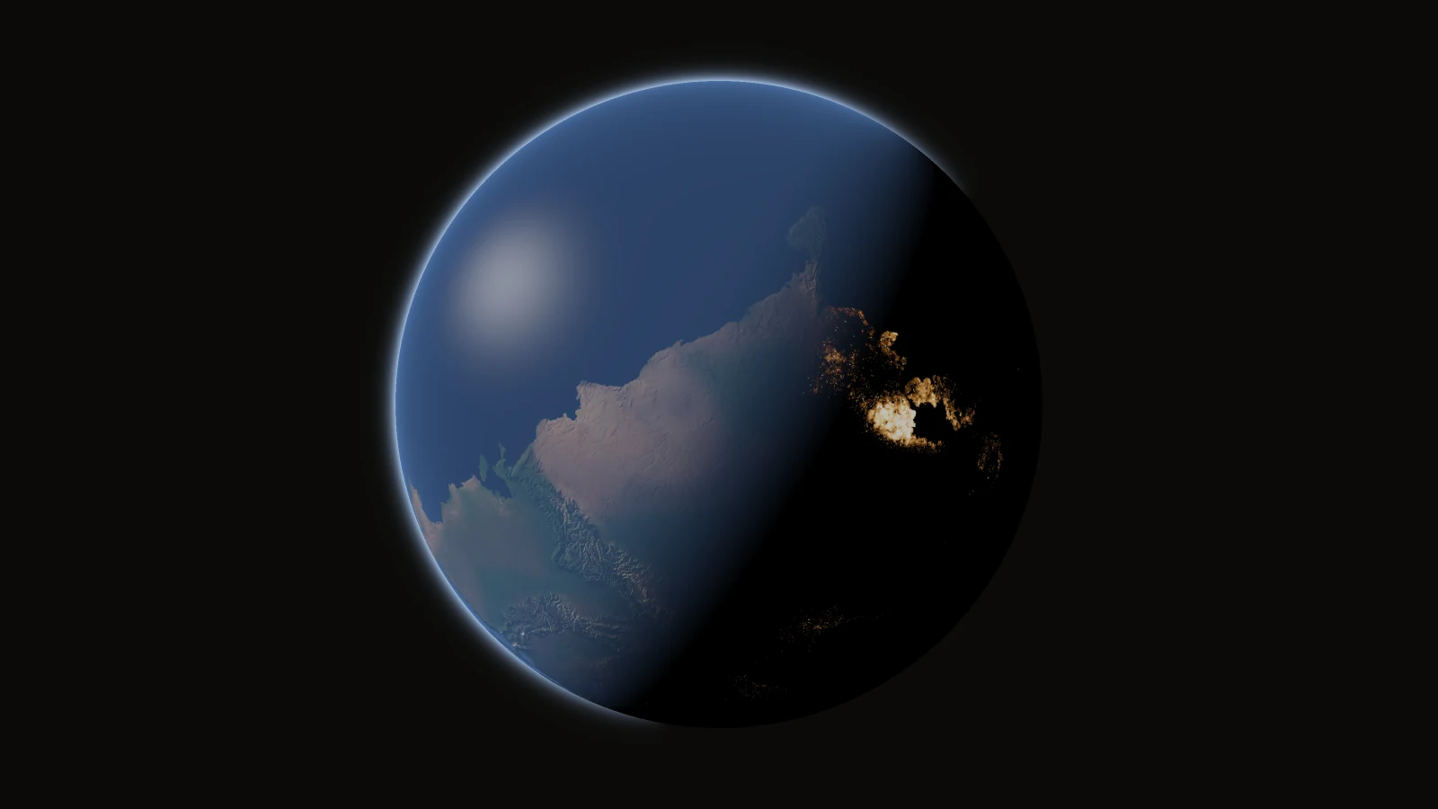 A planet generated in Gleba seen from orbit in January, a southern continent in late daylight, and the lights of its northern coast coming on past the terminator