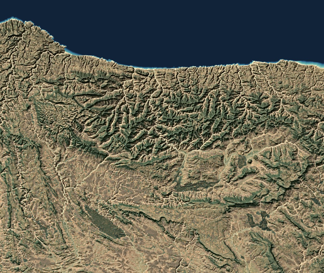 Fold-belt ridges meeting a coast
