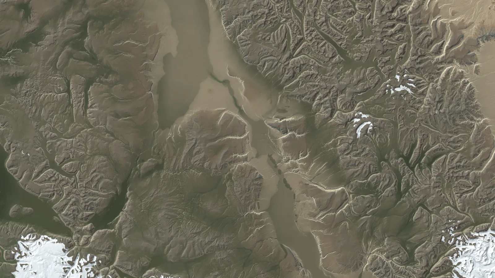 The same window after 30 m synthesis and colour, with a pale playa and dense branching valleys
