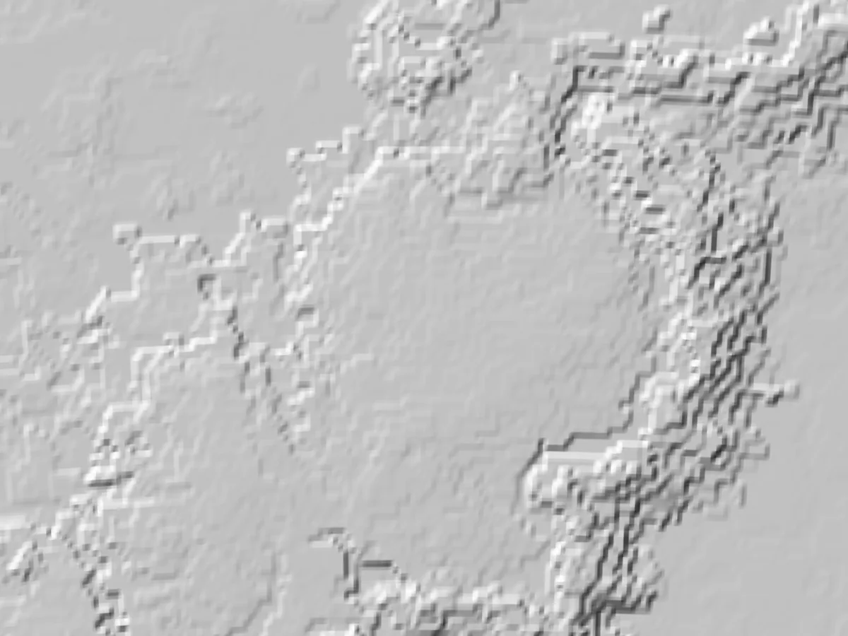 Close view of the source heightmap at 9.8 km per pixel, enlarged; the belt is blocky and its ridges are single pixels