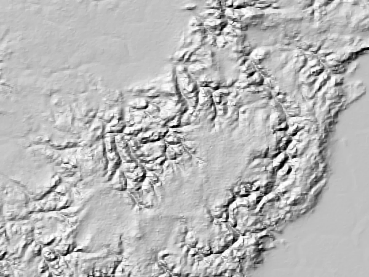 The same close view after the Ranges and drainage pass, with ridges and main valleys laid out