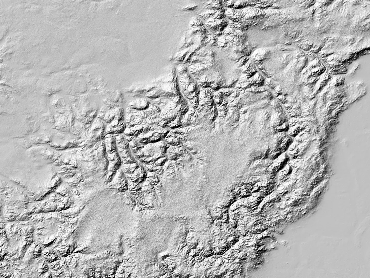 The same close view after the local detail pass, with spurs and side valleys along the same drainage
