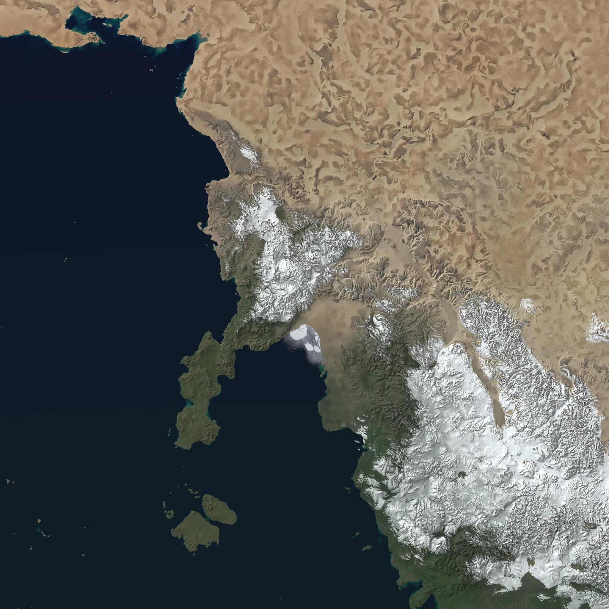 A 1352 × 1352 km section at 660 m per pixel, a planet generated in Gleba with climate from World Climate Lab
