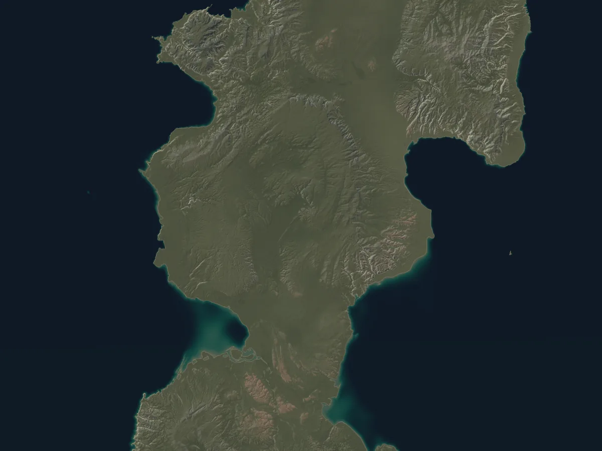 Hilly islands of red rock and green lowland either side of a narrow strait