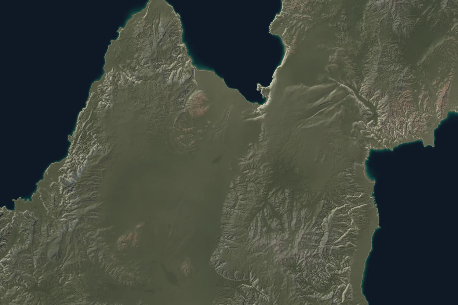 Red rock provinces around an alluvial plain with braided channels, running down to a coast