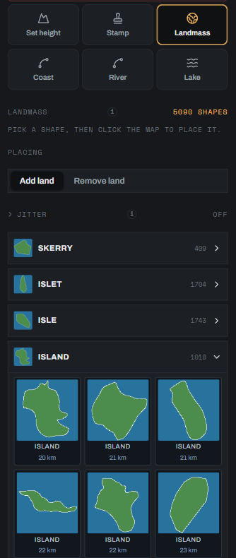Landmass shape library, island outlines grouped by size with their widths in kilometres