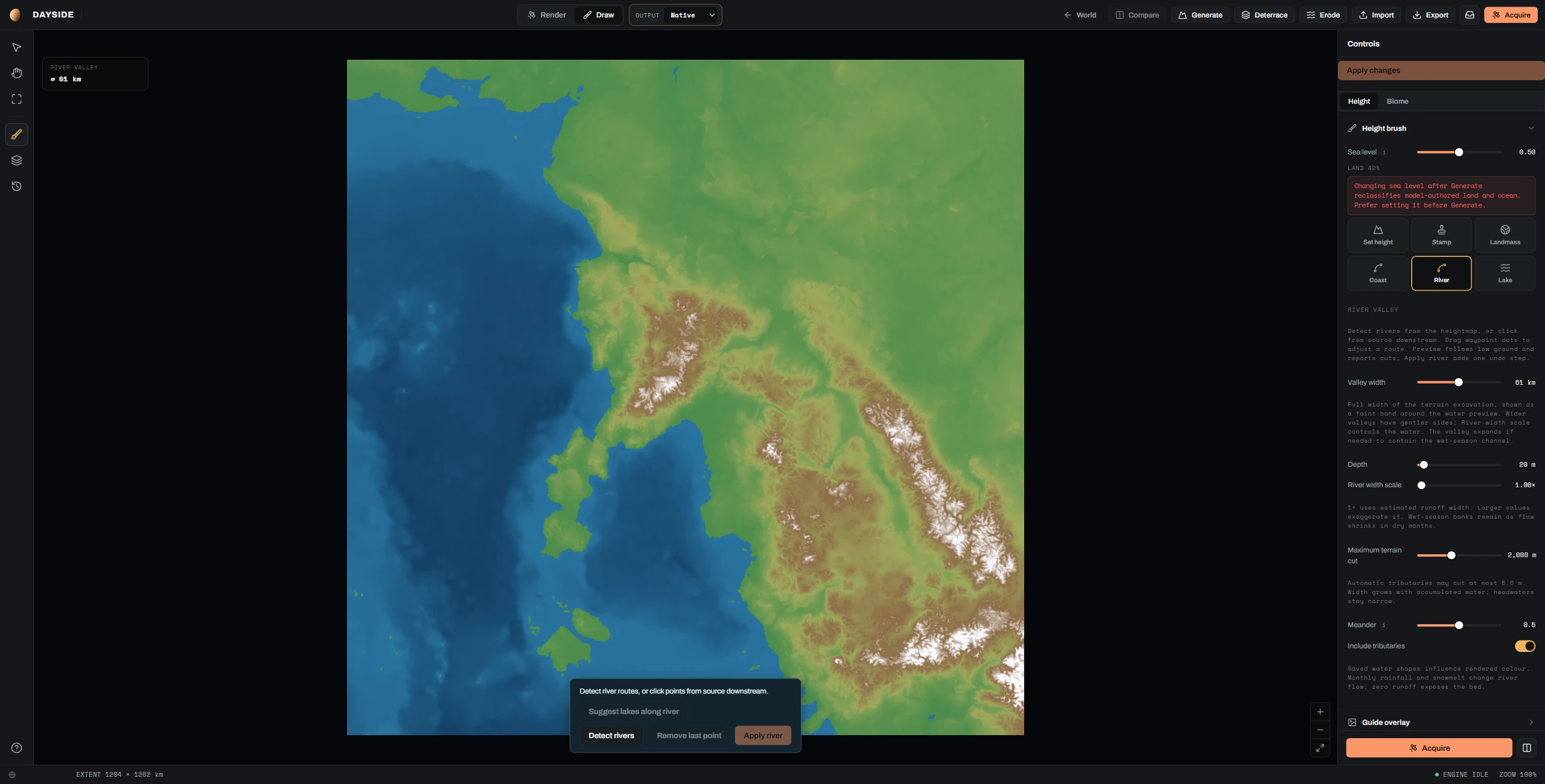 Section editor in Draw mode with the River tool selected