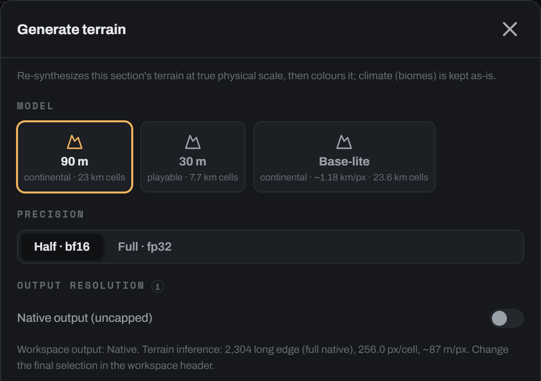 Generate terrain dialog with the model, precision and output resolution choices