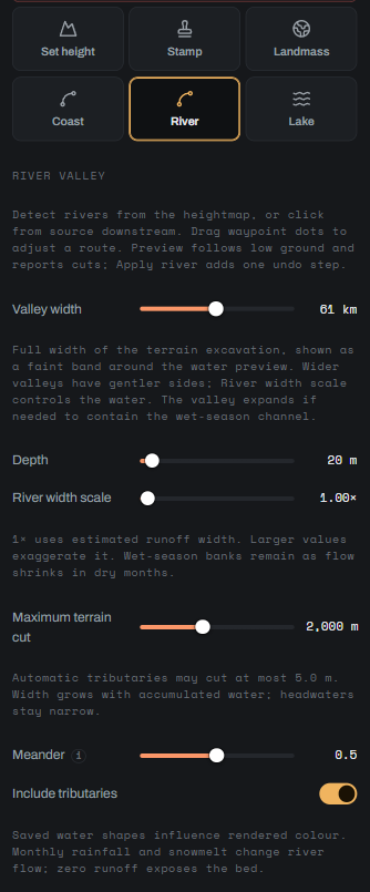 River tool with valley width, depth and meander controls
