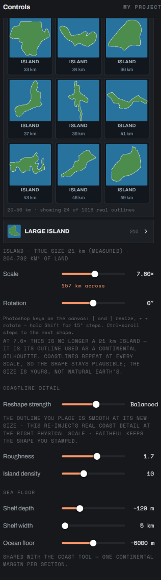 Coastline outline library and scale controls